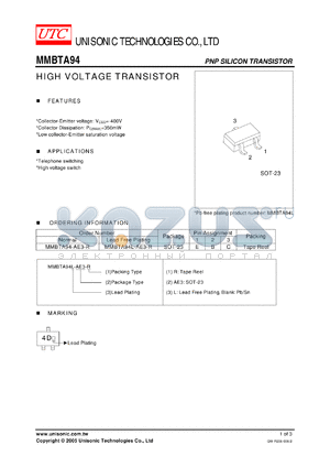 MMBTA94-AE3-R datasheet - HIGH VOLTAGE TRANSISTOR