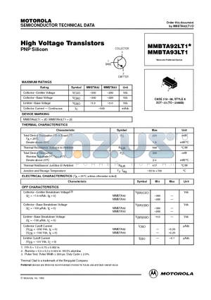 MMBTA93LT1 datasheet - High Voltage Transistors