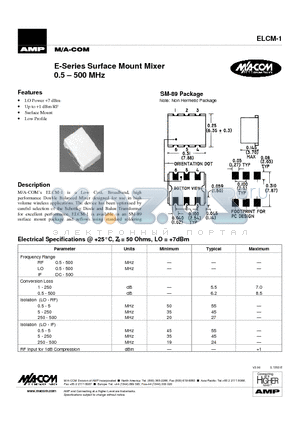 ELCM-1 datasheet - E-Series Surface Mount Mixer 0.5 - 500 MHz