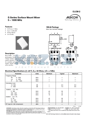 ELCM-2 datasheet - E-Series Surface Mount Mixer 5 - 1000 MHz