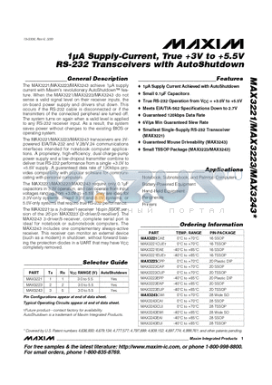 MAX3223EUP datasheet - 1lA Supply Current, True 3V to 5.5V RS 232 Transceiver with AutoShutdown