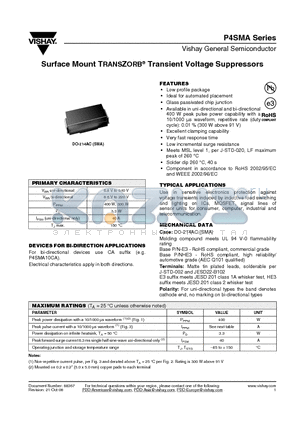 P4SMA datasheet - Surface Mount TRANSZORB^ Transient Voltage Suppressors