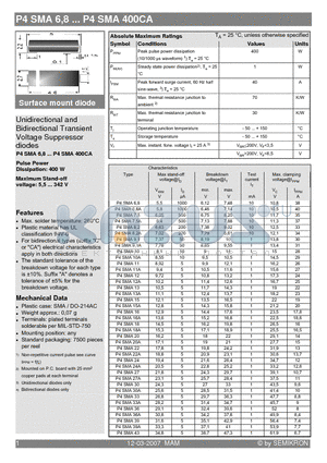 P4SMA10 datasheet - Unidirectional and Bidirectional Transient Voltage Suppressor diodes