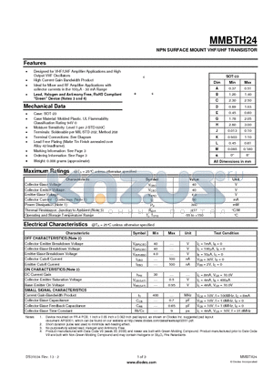 MMBTH24-7-F datasheet - NPN SURFACE MOUNT VHF/UHF TRANSISTOR