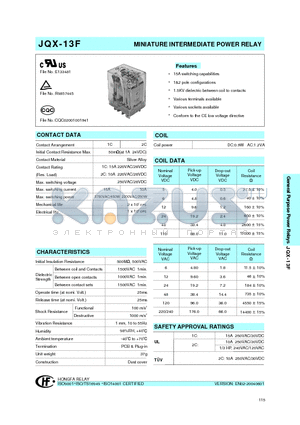 JQX-13F datasheet - MINIATURE INTERMEDIATE POWER RELAY