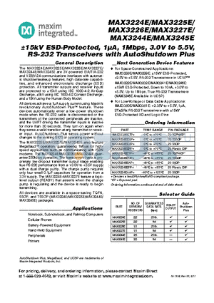 MAX3227E datasheet - a15kV ESD-Protected, 1uA, 1Mbps, 3.0V to 5.5V, RS-232 Transceivers with AutoShutdown Plus