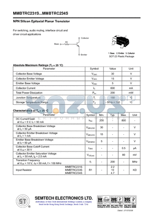 MMBTRC231S datasheet - NPN Silicon Epitaxial Planar Transistor