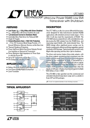 LTC1483IN8 datasheet - Ultra-Low Power RS485 Low EMI Transceiver with Shutdown