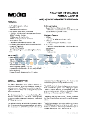 MX26L6419 datasheet - 64M [x16] SINGLE 3V PAGE MODE MTP MEMORY