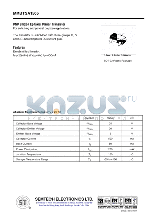 MMBTSA1505 datasheet - PNP Silicon Epitaxial Planar Transistor