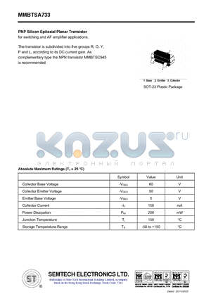 MMBTSA733 datasheet - PNP Silicon Epitaxial Planar Transistor