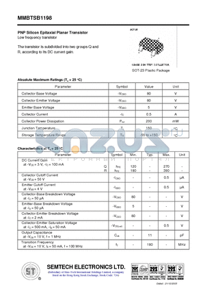 MMBTSB1198 datasheet - PNP Silicon Epitaxial Planar Transistor