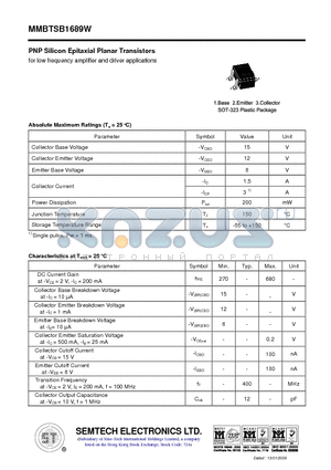 MMBTSB1689W datasheet - PNP Silicon Epitaxial Planar Transistors