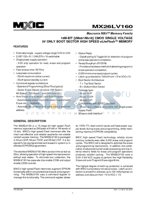 MX26LV160 datasheet - 16M-BIT [2Mx8/1Mx16] CMOS SINGLE VOLTAGE 3V ONLY BOOT SECTOR HIGH SPEED eLiteFlashTM MEMORY