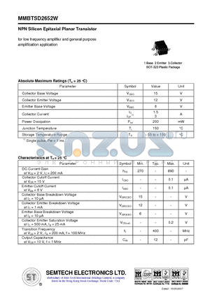 MMBTSD2652W datasheet - NPN Silicon Epitaxial Planar Transistor