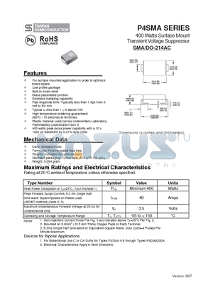 P4SMA120A datasheet - 400 Watts Surface Mount Transient Voltage Suppressor