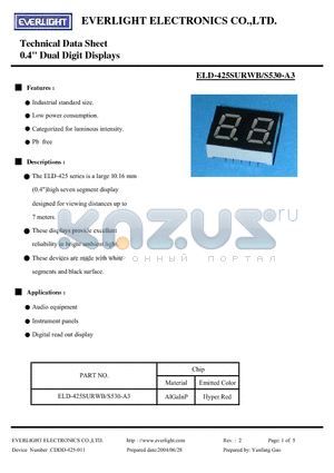 ELD425SURWB/S530-A3 datasheet - Technical Data Sheet 0.4 Dual Digit Displays