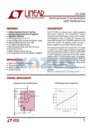 LTC1540I datasheet - Nanopower Comparator with Reference