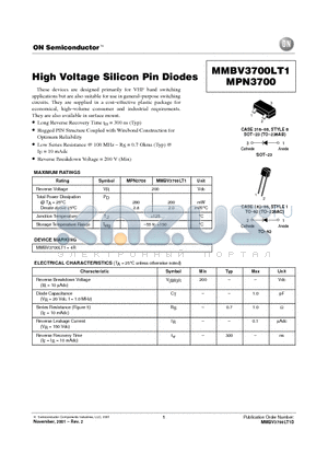 MMBV3700LT1 datasheet - High Voltage Silicon Pin Diodes