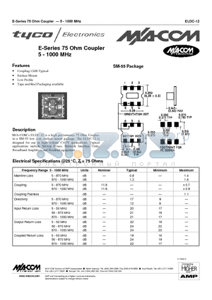 ELDC-12 datasheet - E-Series 75 Ohm Coupler 5 - 1000 MHz