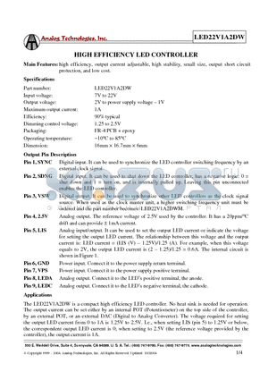 LED22V1A2DW datasheet - HIGH EFFICIENCY LED CONTROLLER