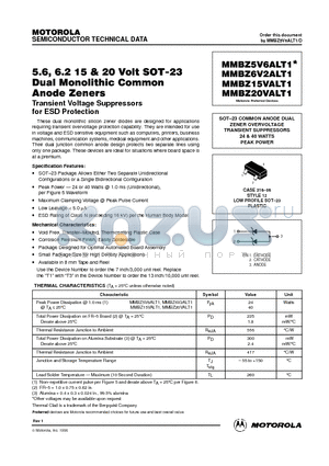 MMBZ20VALT1 datasheet - SOT-23 COMMON ANODE DUAL ZENER OVERVOLTAGE TRANSIENT SUPPRESSORS 24 & 40 WATTS PEAK POWER