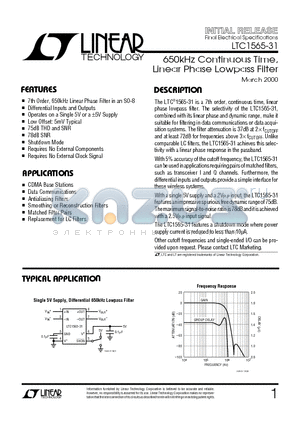 LTC1565-31IS8 datasheet - 650kHz Continuous Time, Linear Phase Lowpass Filter