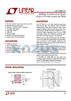 LTC1565-31 datasheet - 650kHz Continuous Time, Linear Phase Lowpass Filter