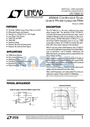 LTC1565-31CS8 datasheet - 650kHz Continuous Time, Linear Phase Lowpass Filter