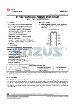 MAX3232MDBREP datasheet - 3-V TO 5.5-V MULTICHANNEL RS-232 LINE DRIVER/RECEIVER WITH a15-kV ESD PROTECTION