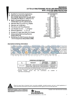 MAX3238-Q1 datasheet - 3-V TO 5.5V MULTICHANNEL RS-232 LINE DRIVER RECEIVER WITH 15-kV ESD(HBM) PROTECTION