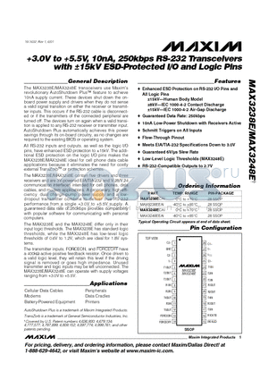 MAX3238E datasheet - 3.0V to 5.5V, 10nA, 250kbps RS-232 Transceivers with a15kV ESD-Protected I/O and Logic Pins