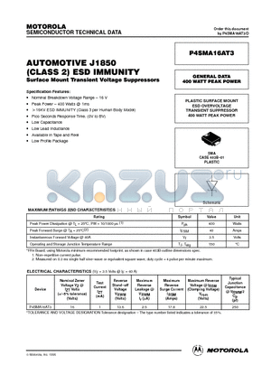 P4SMA16AT3 datasheet - PLASTIC SURFACE MOUNT ESD OVERVOLTAGE TRANSIENT SUPPRESSOR 400 WATT PEAK POWER