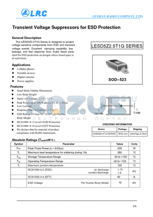 LESD5Z12T1G datasheet - Transient Voltage Suppressors for ESD Protection