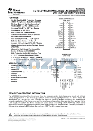 MAX3238ECRHBR datasheet - 3-V TO 5.5-V MULTICHANNEL RS-232 LINE DRIVER/RECEIVER WITH a15-kV ESD (HBM) PROTECTION