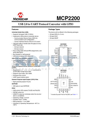 MCP2200_11 datasheet - USB 2.0 to UART Protocol Converter with GPIO