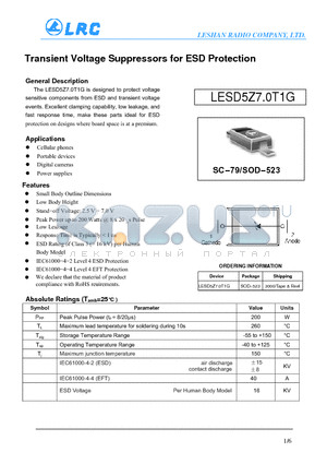 LESD5Z7.0T1G datasheet - Transient Voltage Suppressors for ESD Protection