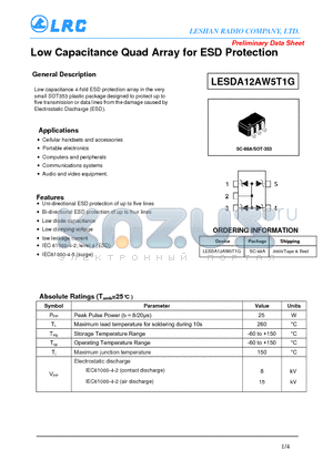LESDA12AW5T1G datasheet - Low Capacitance Q uad Array for ESD Protection