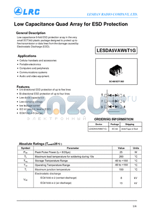 LESDA5VAW6T1G datasheet - Low Capacitance Q uad Array for ESD Protection