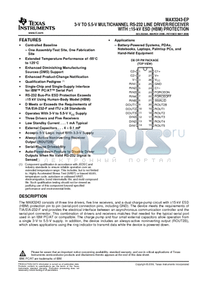 MAX3243-EP datasheet - 3-V TO 5.5-V MULTICHANNEL RS-232 LINE DRIVER/RECEIVER WITH a15-kV ESD (HBM) PROTECTION