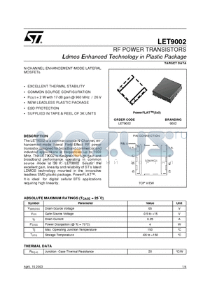 LET9002 datasheet - RF POWER TRANSISTORS Ldmos Enhanced Technology in Plastic Package