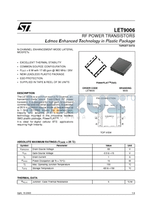 LET9006 datasheet - RF POWER TRANSISTORS Ldmos Enhanced Technology in Plastic Package