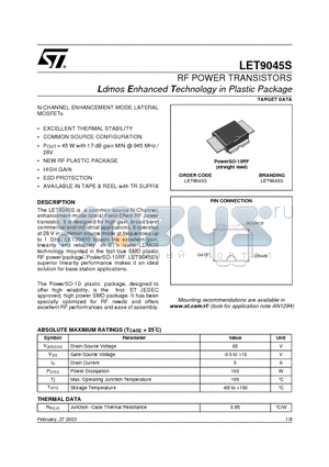 LET9045S datasheet - RF POWER TRANSISTORS Ldmos Enhanced Technology in Plastic Package