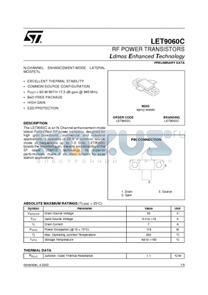 LET9060C datasheet - RF POWER TRANSISTORS Ldmos Enhanced Technology