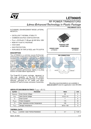 LET9060S datasheet - RF POWER TRANSISTORS Ldmos Enhanced Technology in Plastic Package