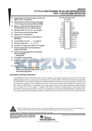 MAX3243CDWE4 datasheet - 3-V TO 5.5-V MULTICHANNEL RS-232 LINE DRIVER/RECEIVER WITH - 15-kV ESD (HBM) PROTECTION