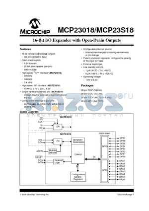 MCP23S18T-E/SP datasheet - 16-Bit I/O Expander with Open-Drain Outputs