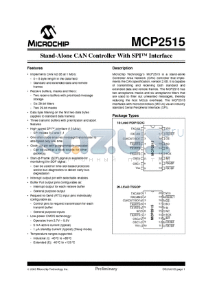 MCP2515 datasheet - Stand-Alone CAN Controller With SPI Interface