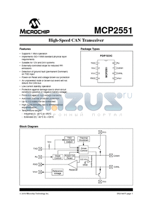 MCP2551T-I datasheet - High-Speed CAN Transceiver