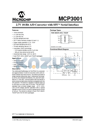 MCP3001_07 datasheet - 2.7V 10 BIT A/D CONVERTER WITH SPI SERIAL INTERFACE